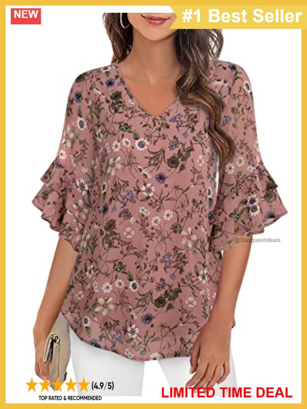 Womens Chiffon Blouse 3/4 Ruffle Sleeve V-Neck Office Top